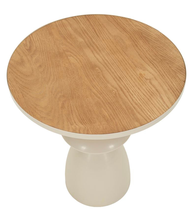 Tavolino da salotto in metallo e legno crema, Ø45,5 cm – Base scultorea
