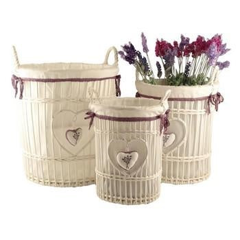 Portabiancheria in vimini bianco con fodera viola