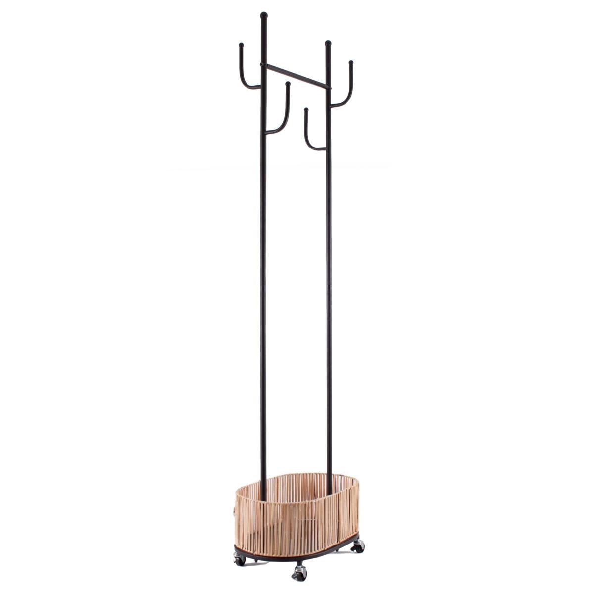 Appendiabiti su ruote in ferro nero e vimini, 50x32x175 cm