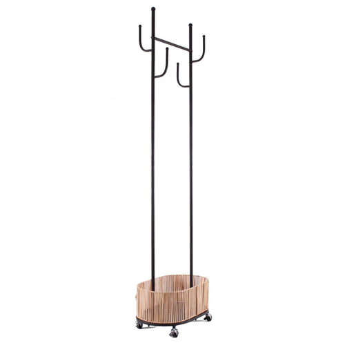 Appendiabiti su ruote in ferro nero e vimini, 50x32x175 cm