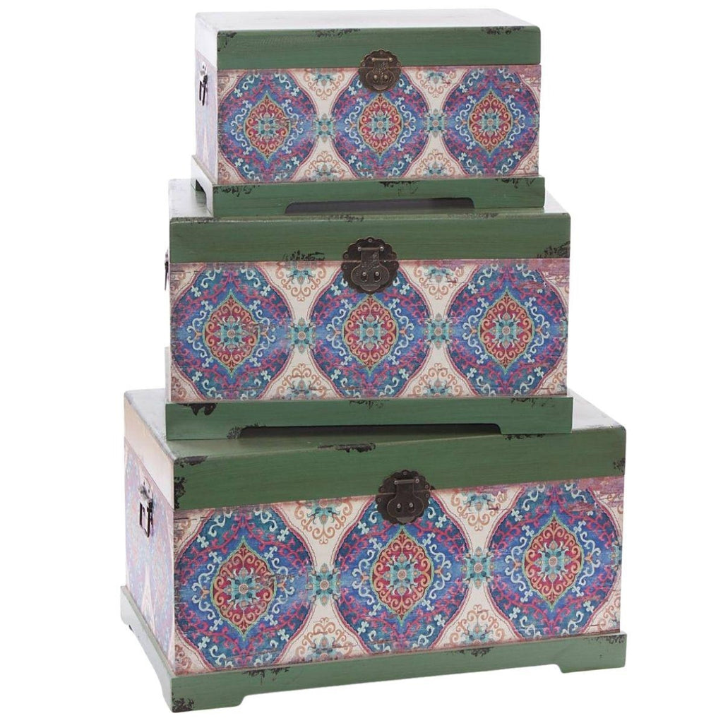 Baule in mdf fantasia verde, set di 3, 65x38H35 cm