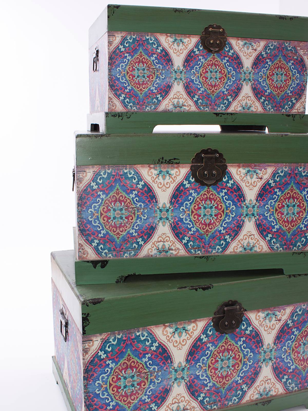Baule in mdf fantasia verde, set di 3, 65x38H35 cm