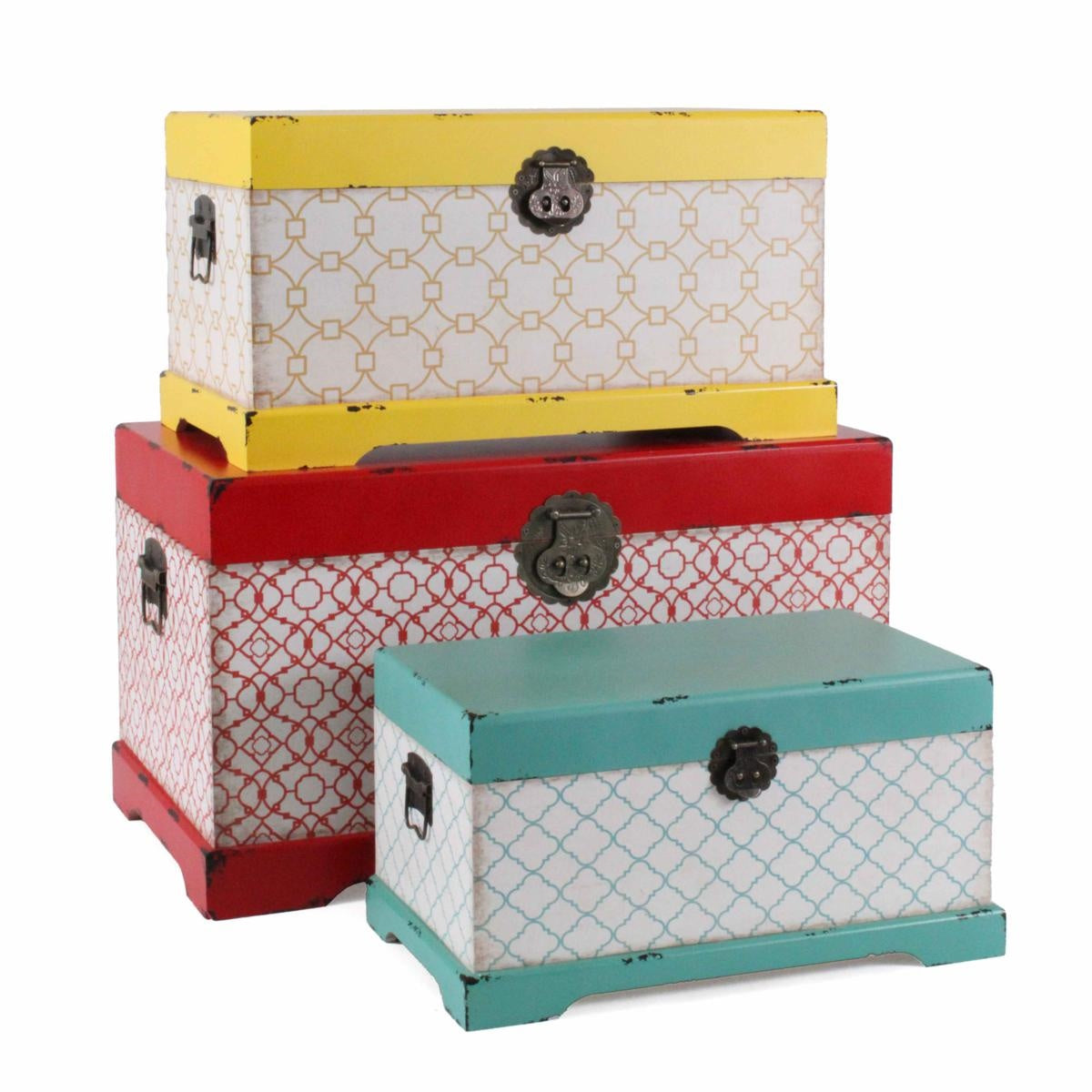 Bauli in MDF a fantasia multicolore, set di 3, 65x38x35 cm
