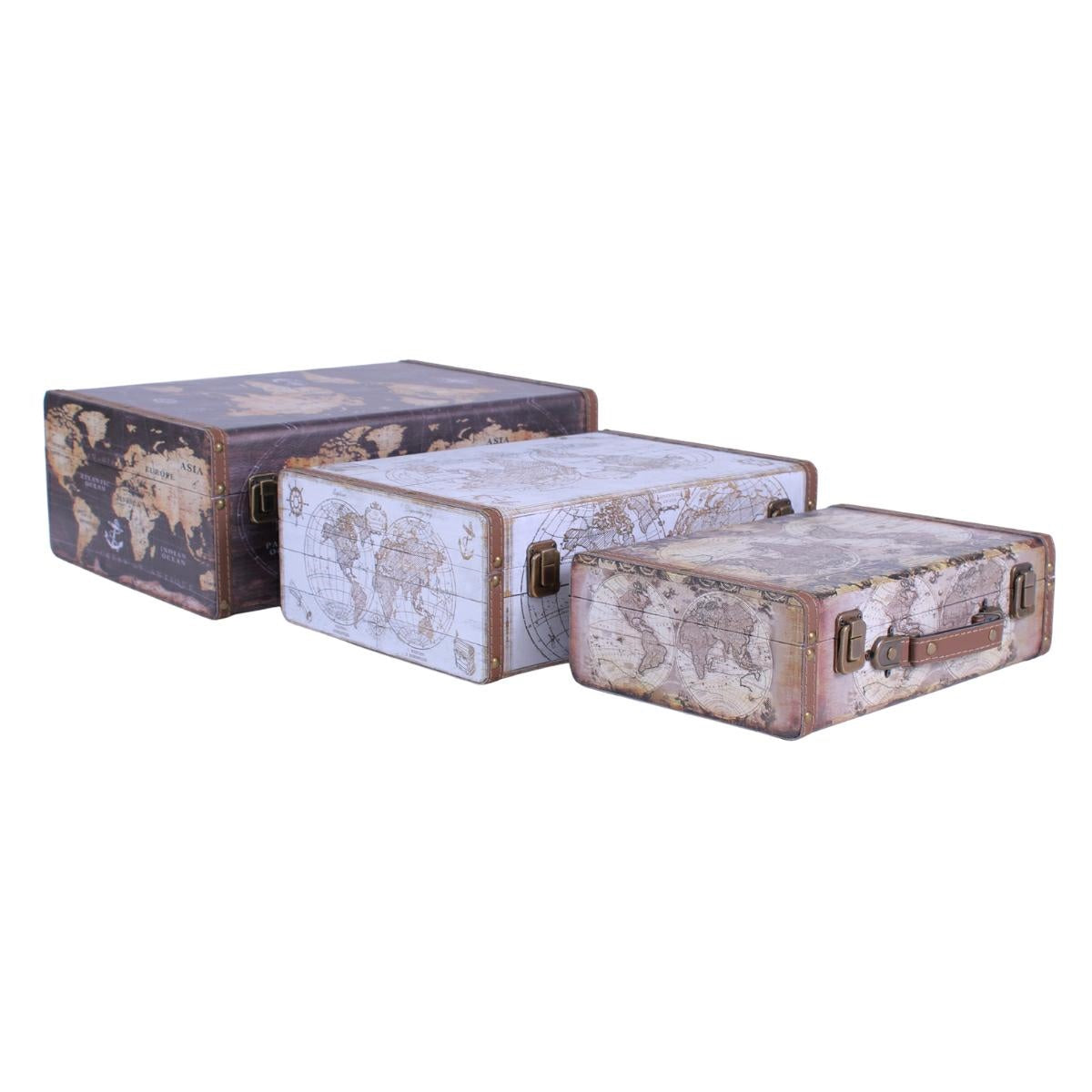 Valigie in MDF e PU Planisfero, set di 3, 40x30x15 cm