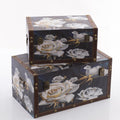 Bauli in MDF neri con stampa a rose, set di 2, 47x28x26 cm