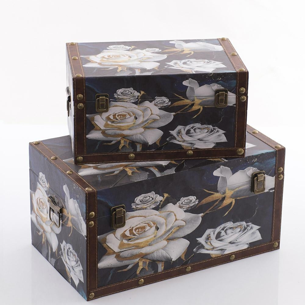 Bauli in MDF neri con stampa a rose, set di 2, 47x28x26 cm