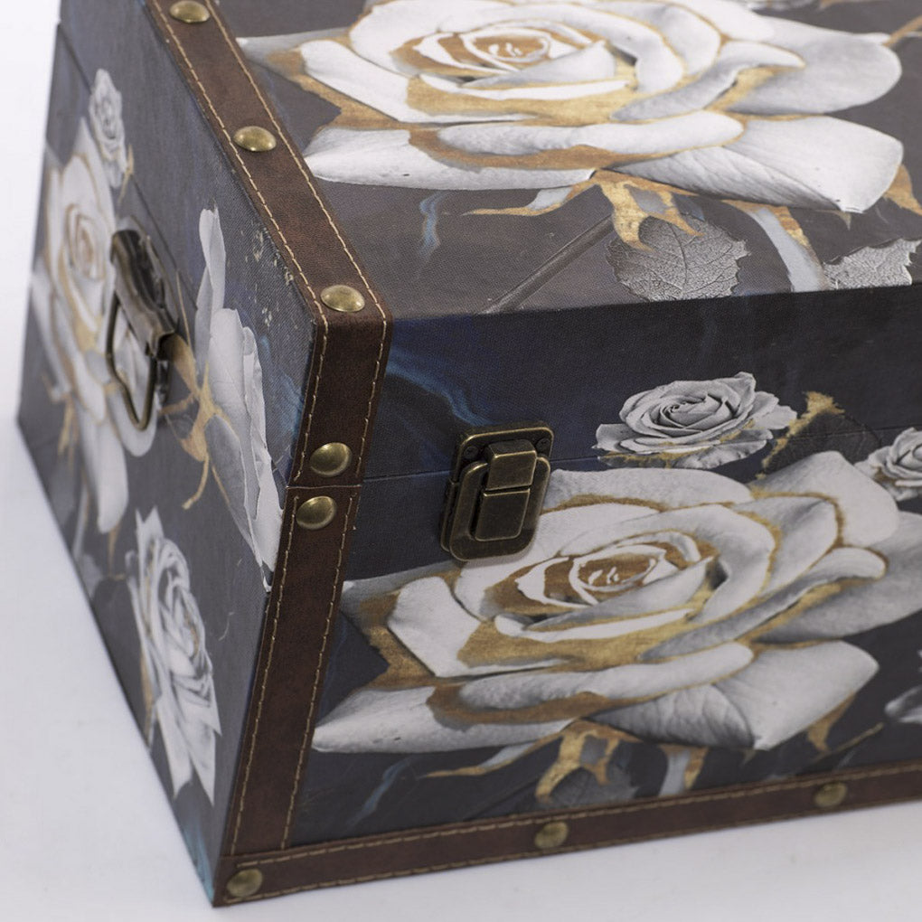 Bauli in MDF neri con stampa a rose, set di 2, 47x28x26 cm