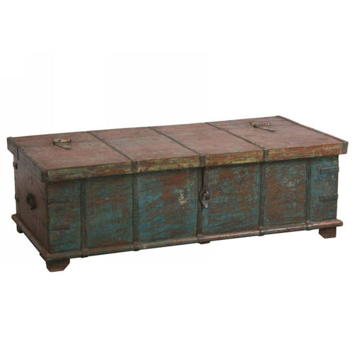 Baule azzurro in teak, 140x72x47 cm