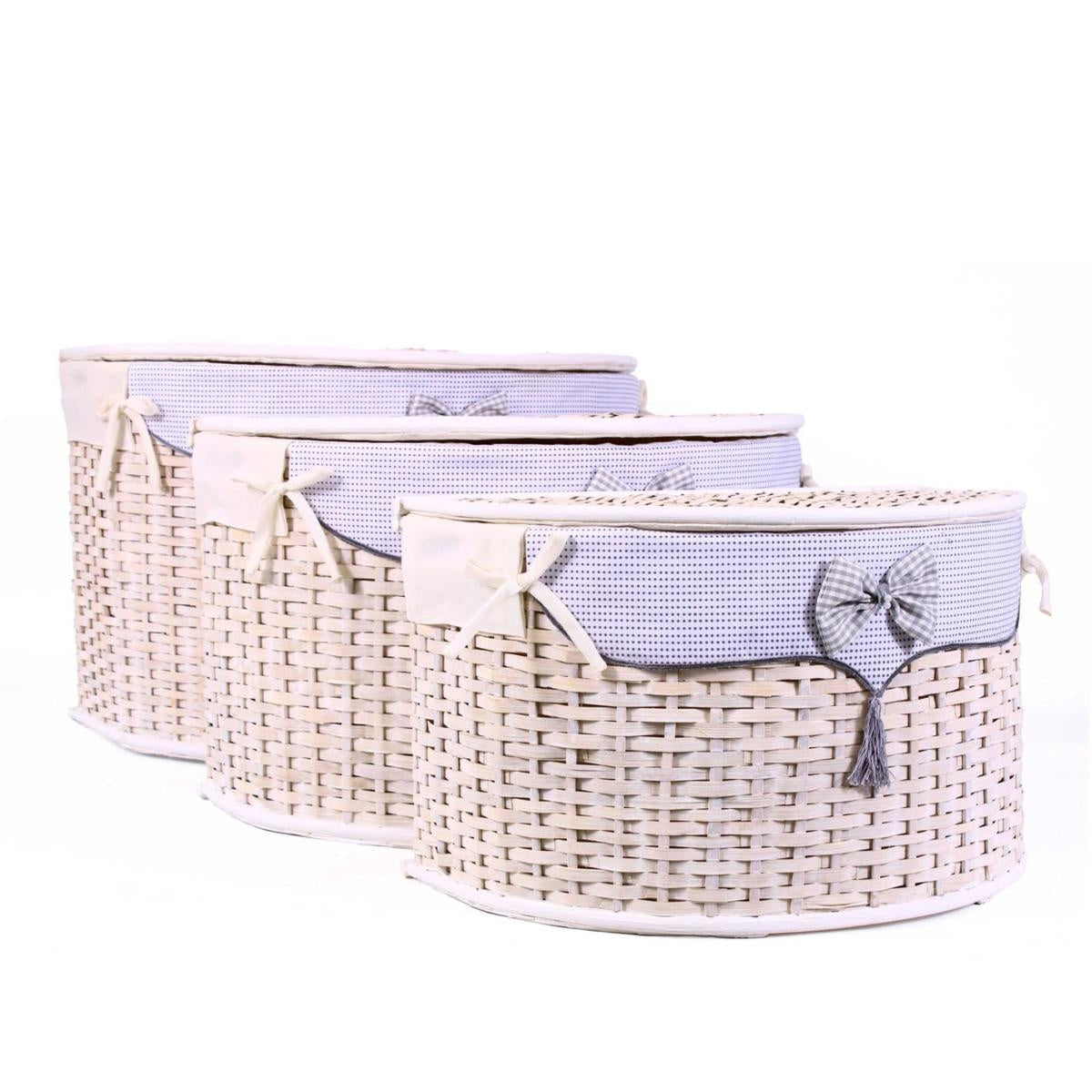 Bauli semirotondi in bambù bianco con fodera e fiocco, set da 3, 68x42x43 cm