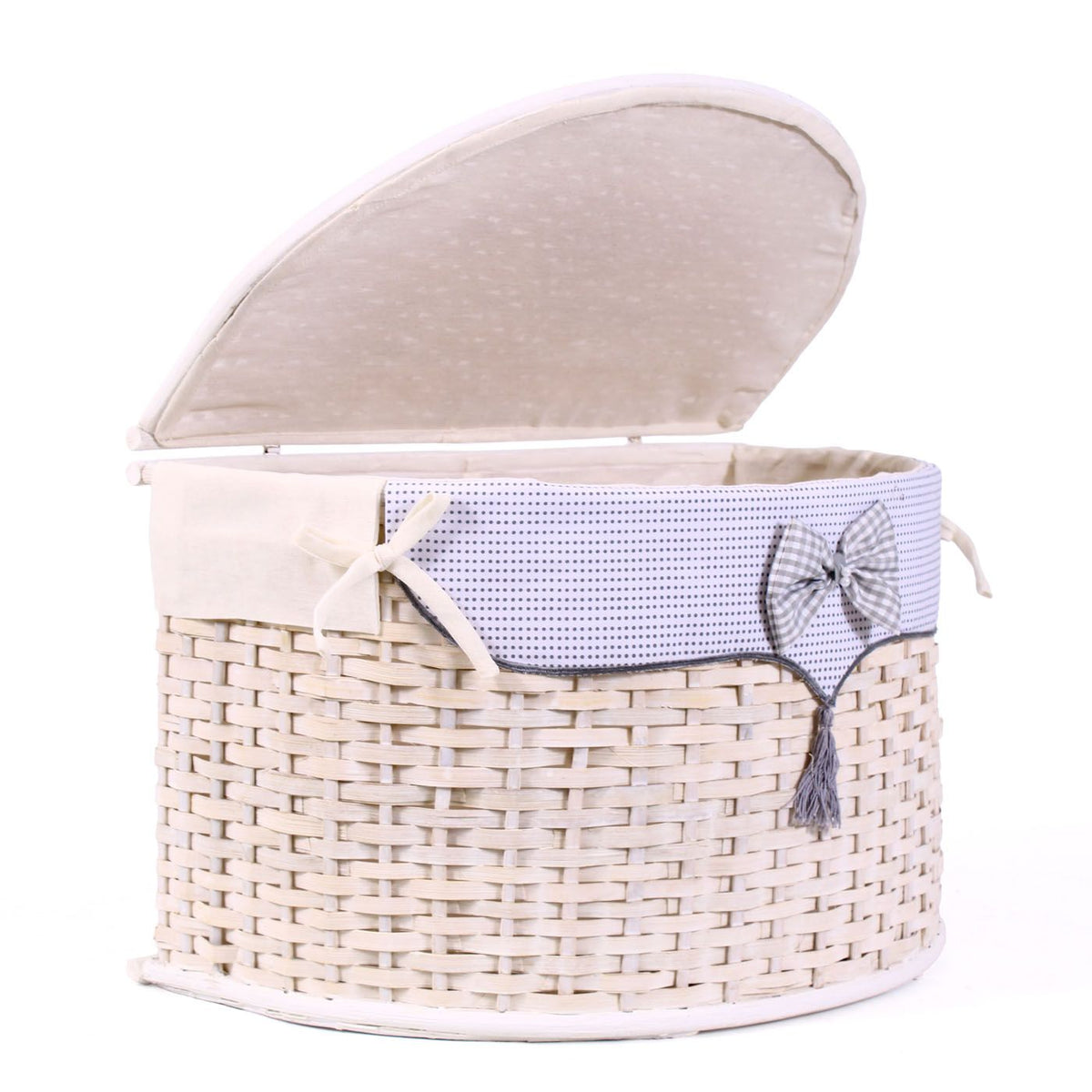 Bauli semirotondi in bambù bianco con fodera e fiocco, set da 3, 68x42x43 cm