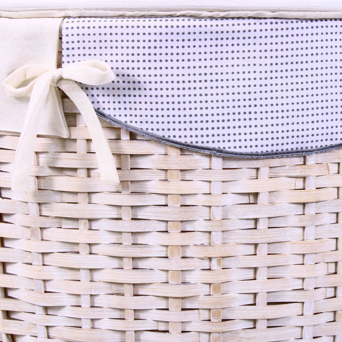 Bauli semirotondi in bambù bianco con fodera e fiocco, set da 3, 68x42x43 cm