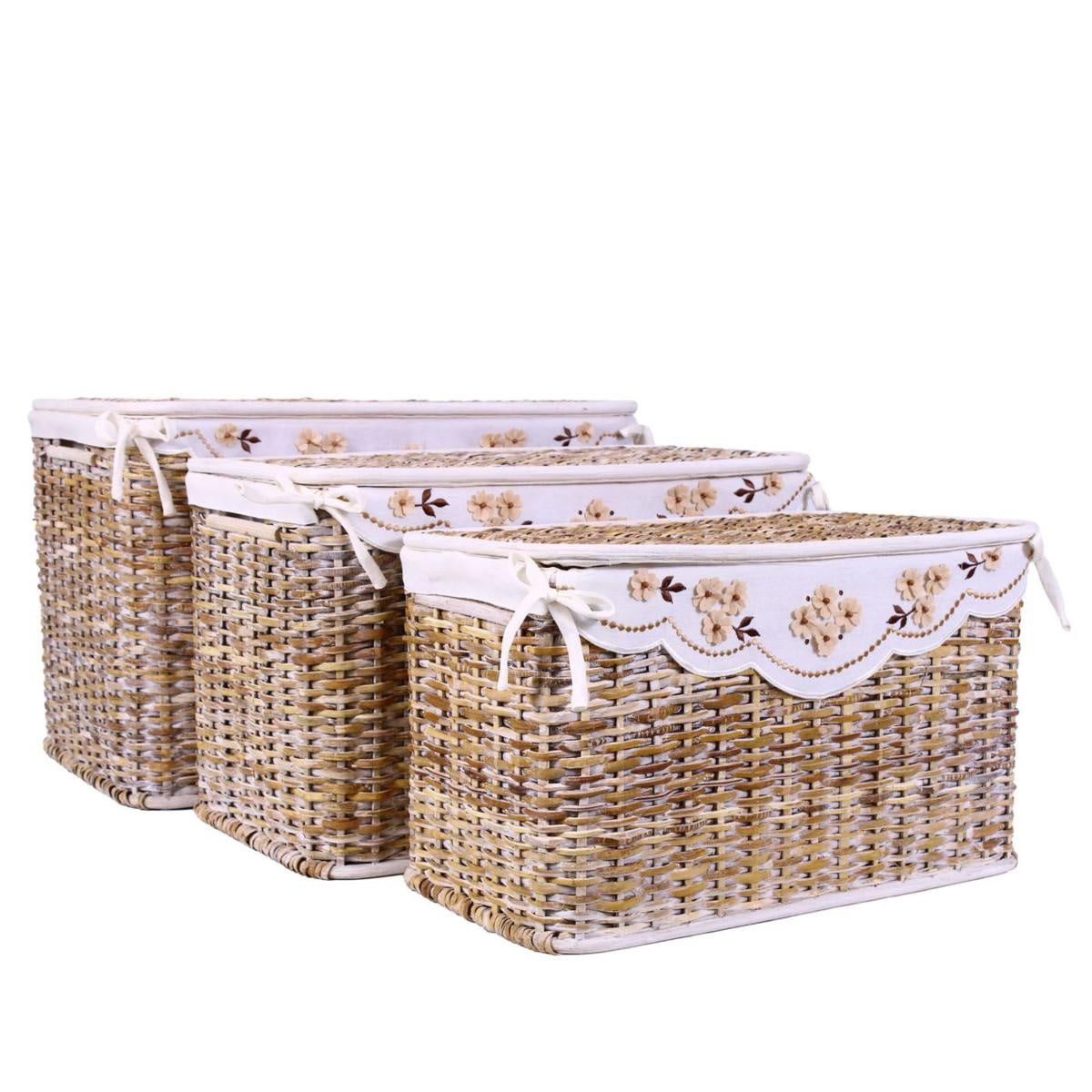 Bauli in rattan sbiancato, set di 3, 65x40x42 cm