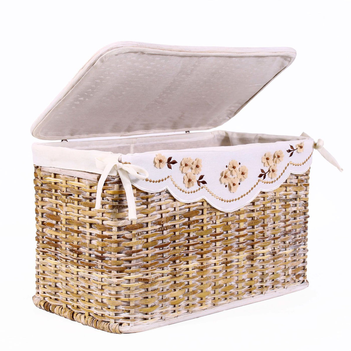 Bauli in rattan sbiancato, set di 3, 65x40x42 cm