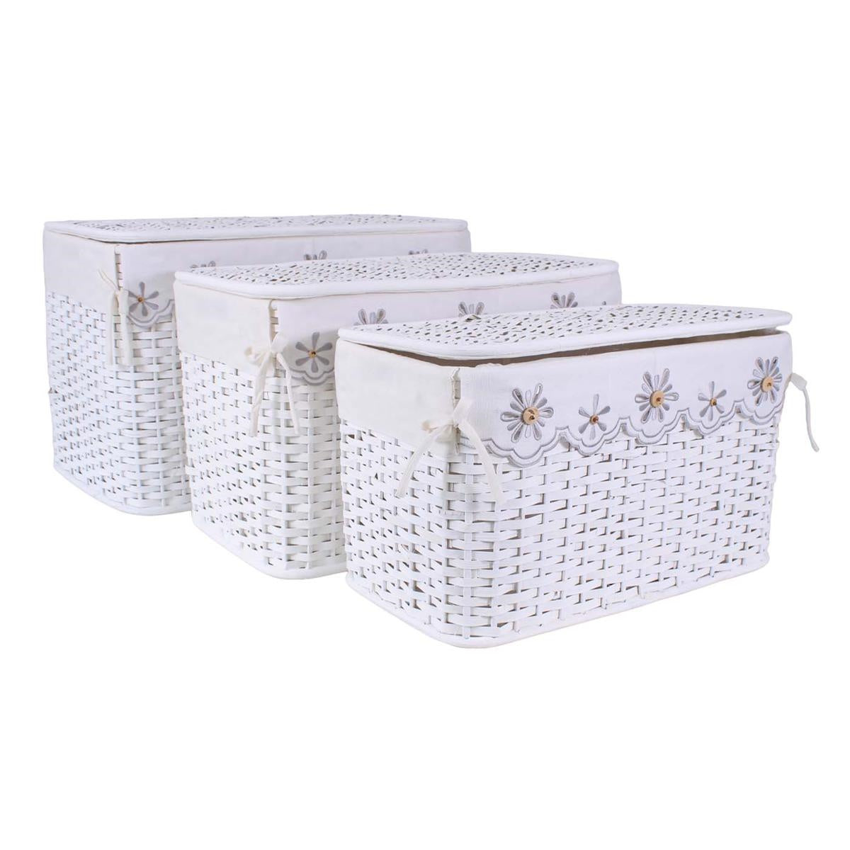 Baule bambu' bianco fodera fiori grigi 65x40h42 set tre
