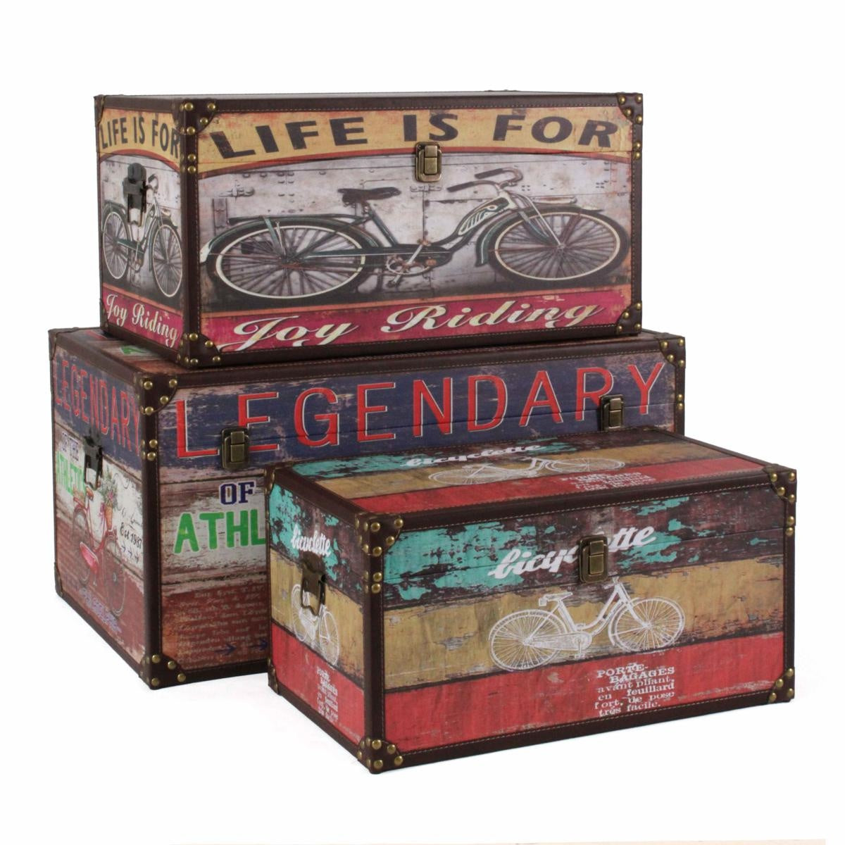 Baule in MDF con stampa bicicletta, 70x44H35 cm, set di 3