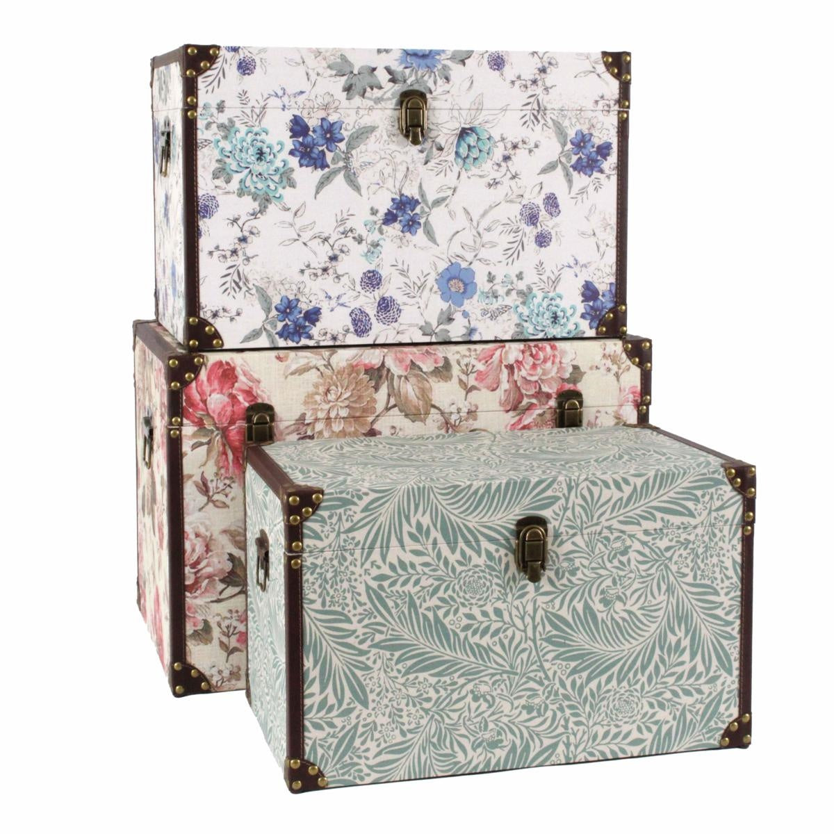 Baule in mdf e lino con stampa floreale, 60x40H40 cm, set di 3