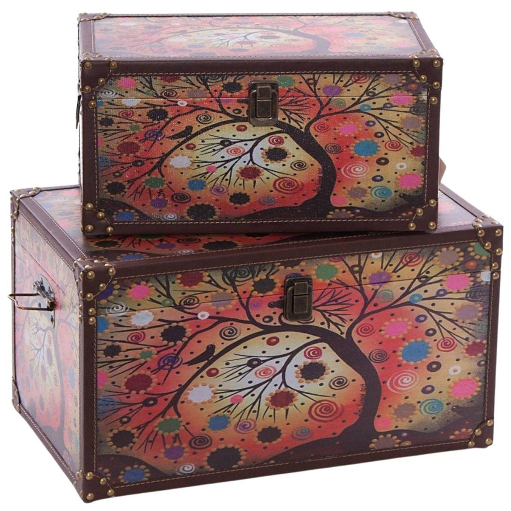 Set di 2 bauli in mdf con stampa albero, 48x28H26 cm