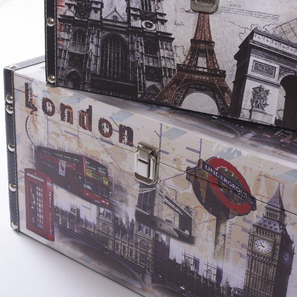 Baule in MDF con stampa citta', 50x30H25 cm, set di 3