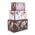 Baule in legno con stampa planisfero, set di 3, 59x35H35 cm