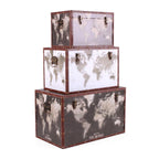 Baule in legno con stampa planisfero, set di 3, 59x35H35 cm