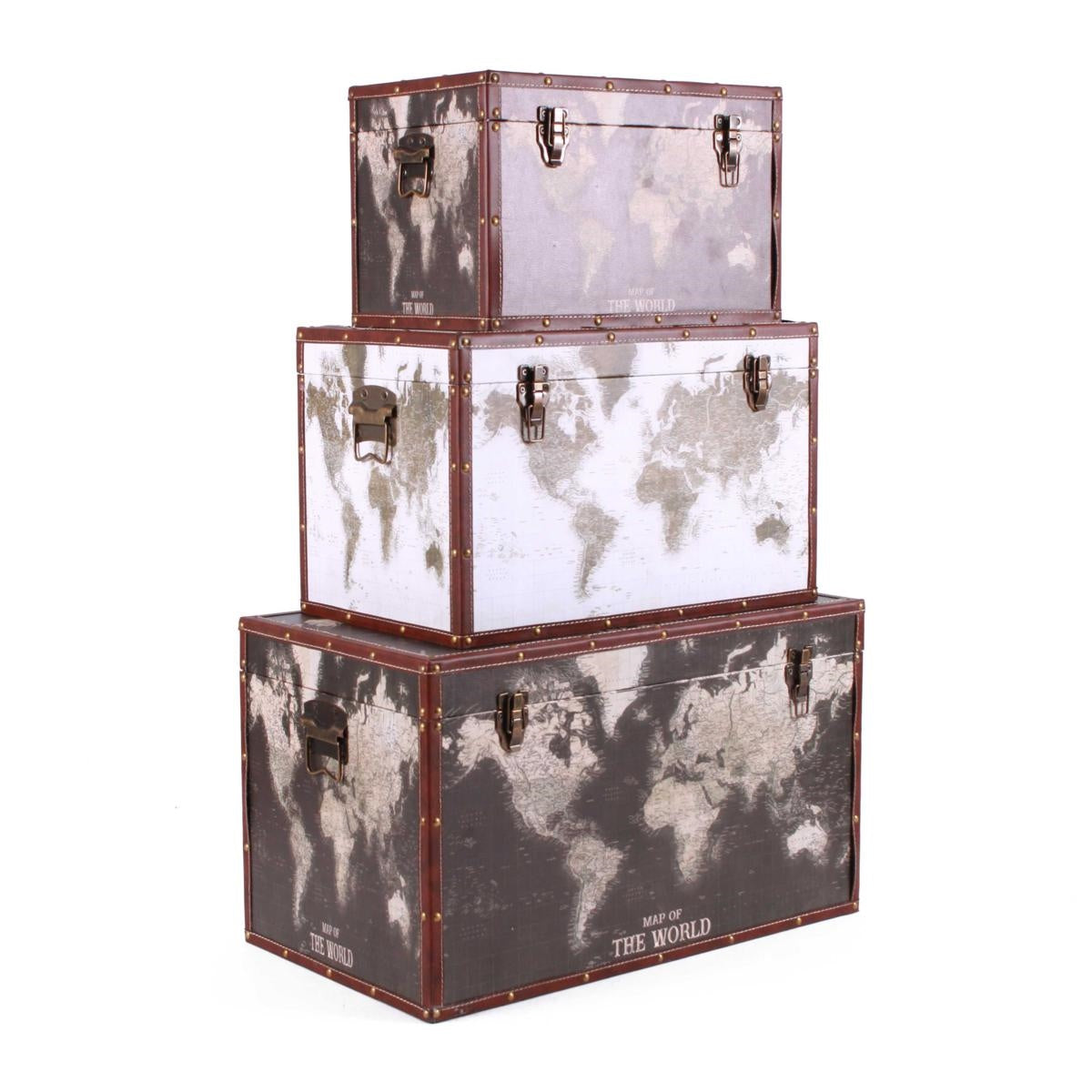 Baule in legno con stampa planisfero, set di 3, 59x35H35 cm