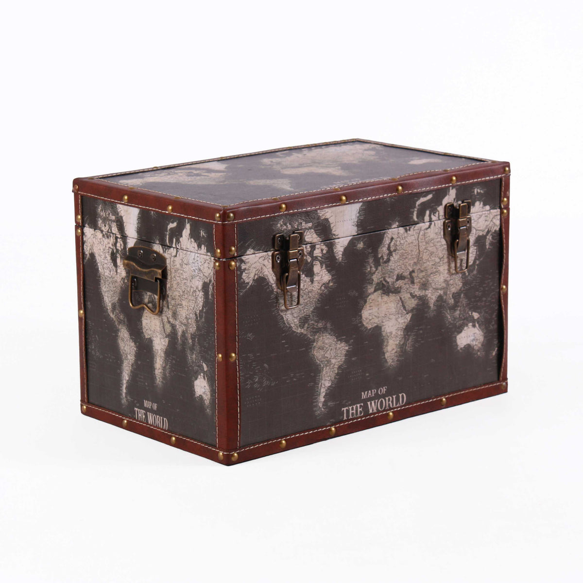 Baule in legno con stampa planisfero, set di 3, 59x35H35 cm
