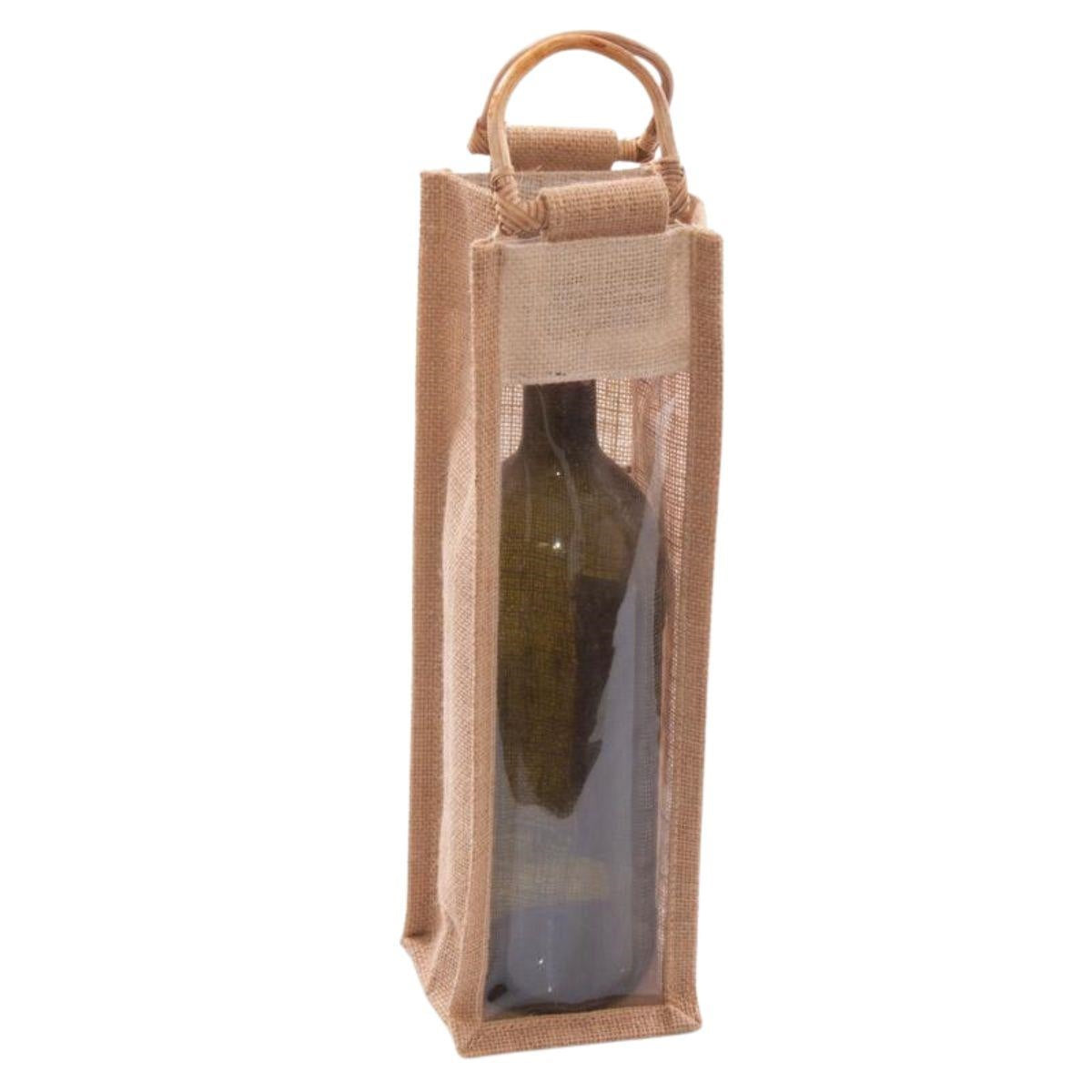 Portabottiglie singolo in juta naturale con manici in bambù, 10x10x35 cm (kit da 10)