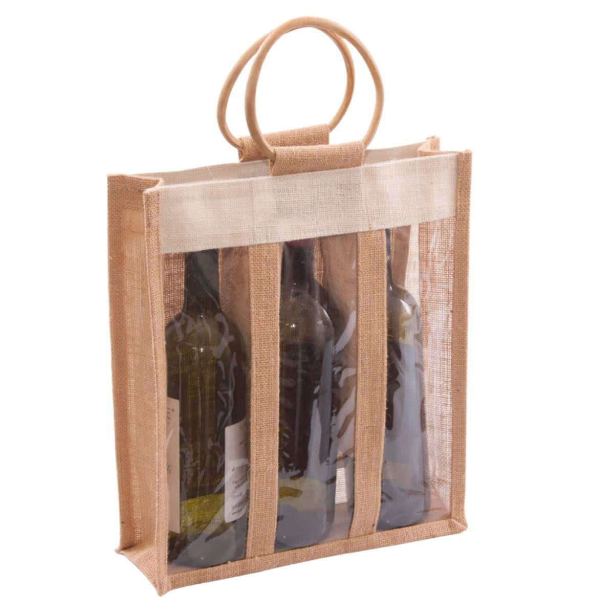 Portabottiglie triplo in juta naturale, 30x10x35 cm