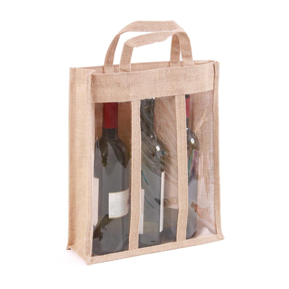 Portabottiglie triplo in juta naturale, 30x10x35 cm