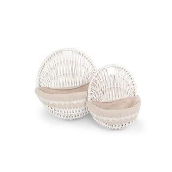 Tasca da appendere in vimini bianco con pizzo e fiore (kit da 3)