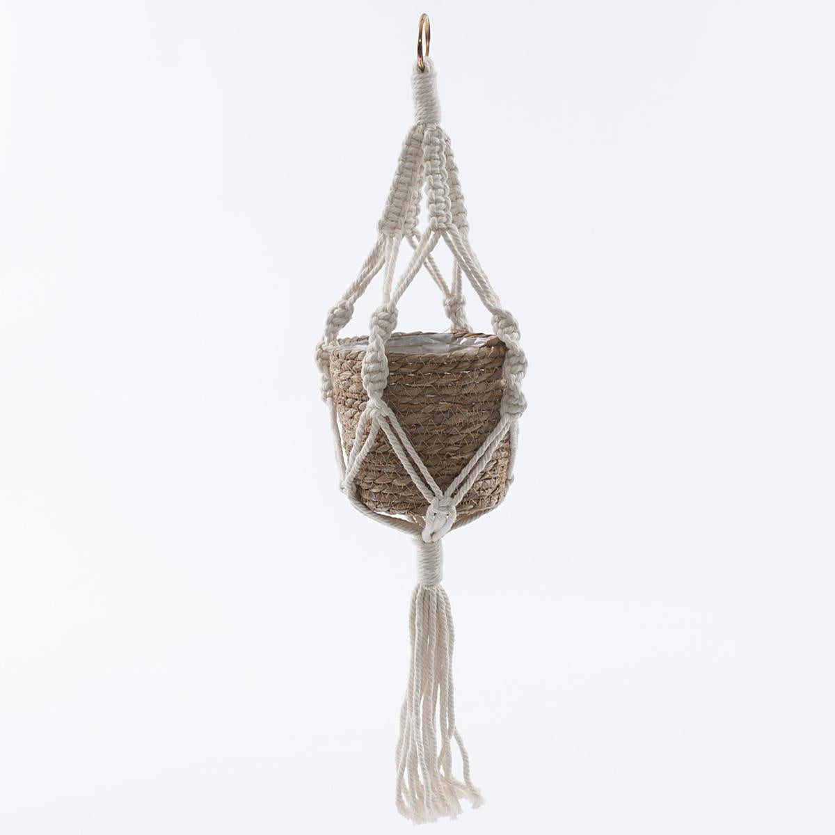 Portavaso pensile in corda con sostegno in cotone, Ø14H72 cm (kit da 3)