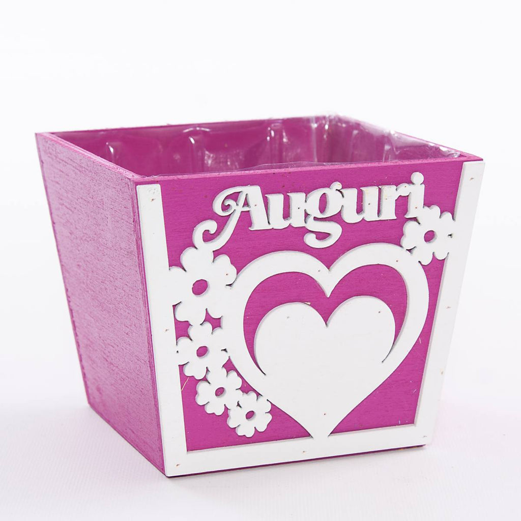 Portavaso fucsia in legno Auguri, 14x14x12 cm (kit da 10)