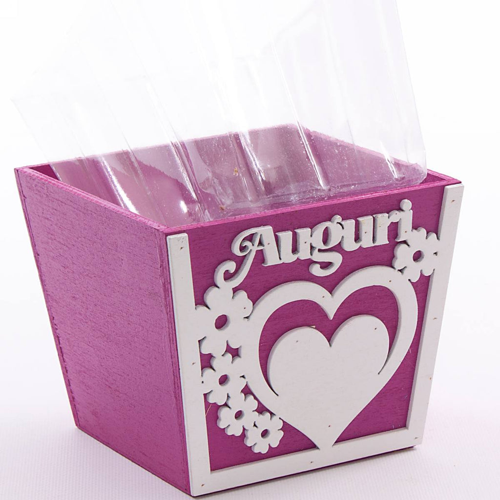 Portavaso fucsia in legno Auguri, 14x14x12 cm (kit da 10)