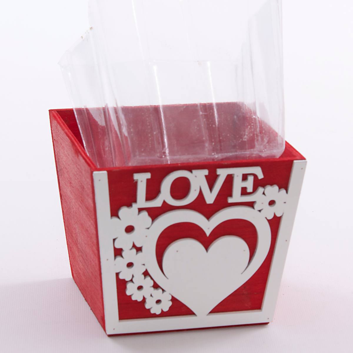 Portavaso in legno rosso Love, 14x14H12 cm (kit da 10)