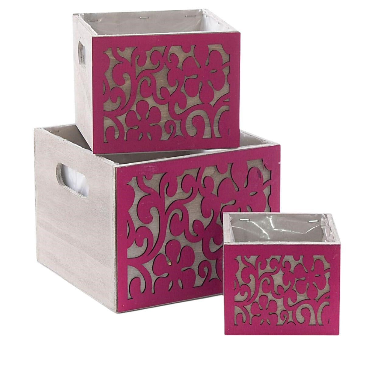 Portavaso fucsia in legno, set di 3, 19x19H15 cm