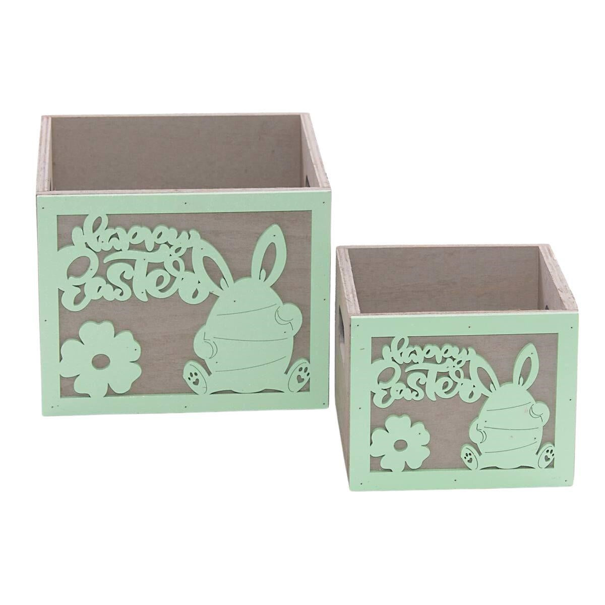 Portavaso verde in legno "Happy Easter" in set di 2, 15X15H12 cm