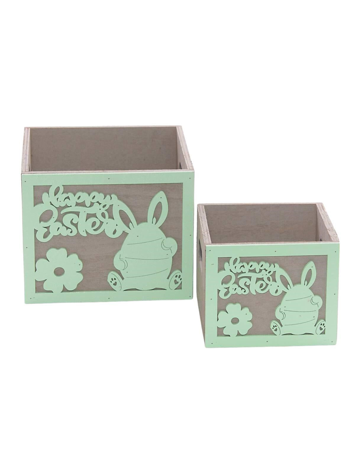 Portavaso verde in legno "Happy Easter" in set di 2, 15X15H12 cm (kit da 3)