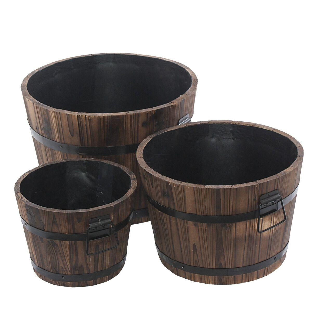 Portavasi in legno di abete con manici in ferro, set di 3, Ø40H29 cm