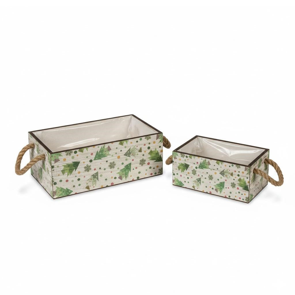 Cassetta in abete con alberi e manici in corda, set di 2 (kit da 3)