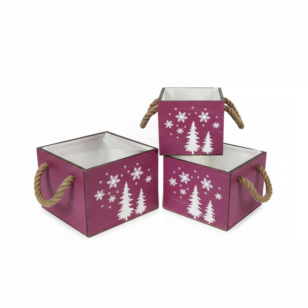Set di 3 cassette in abete rosse con 2 manici, 20x20H15, 17x17H13 e 14x14H12 cm