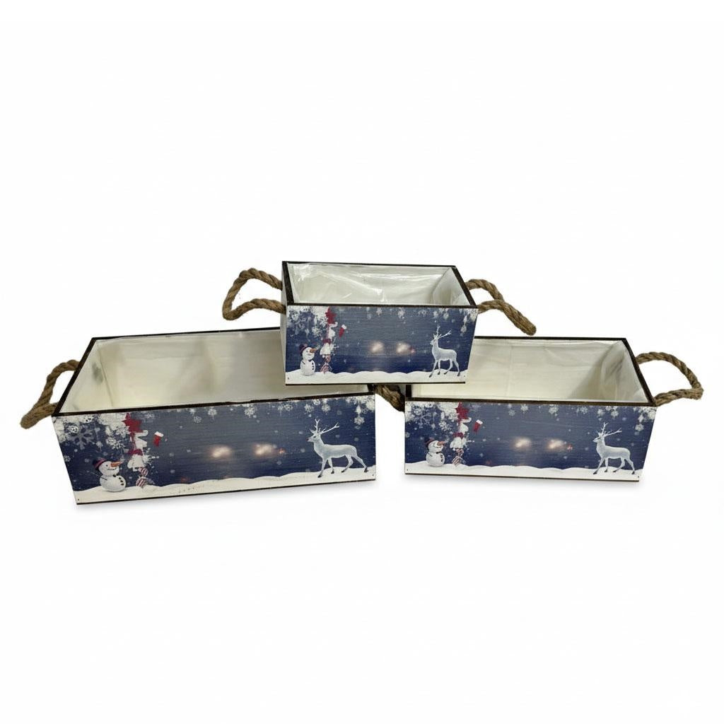 Cassetta in abete con 2 manici in corda, set di 3, 37x18x12 cm