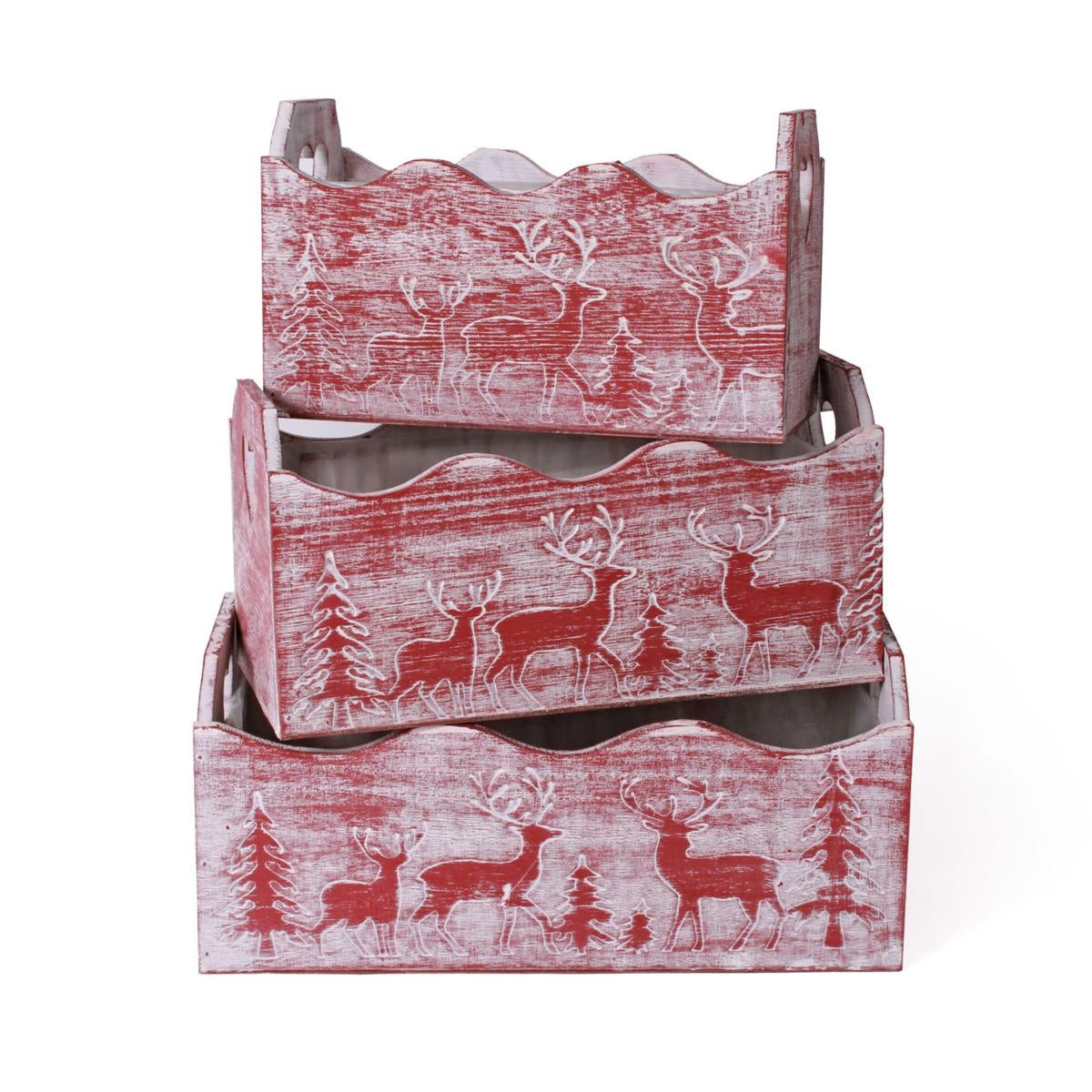 Cassetta rossa in abete, set di 3, 32x16x12/14 cm