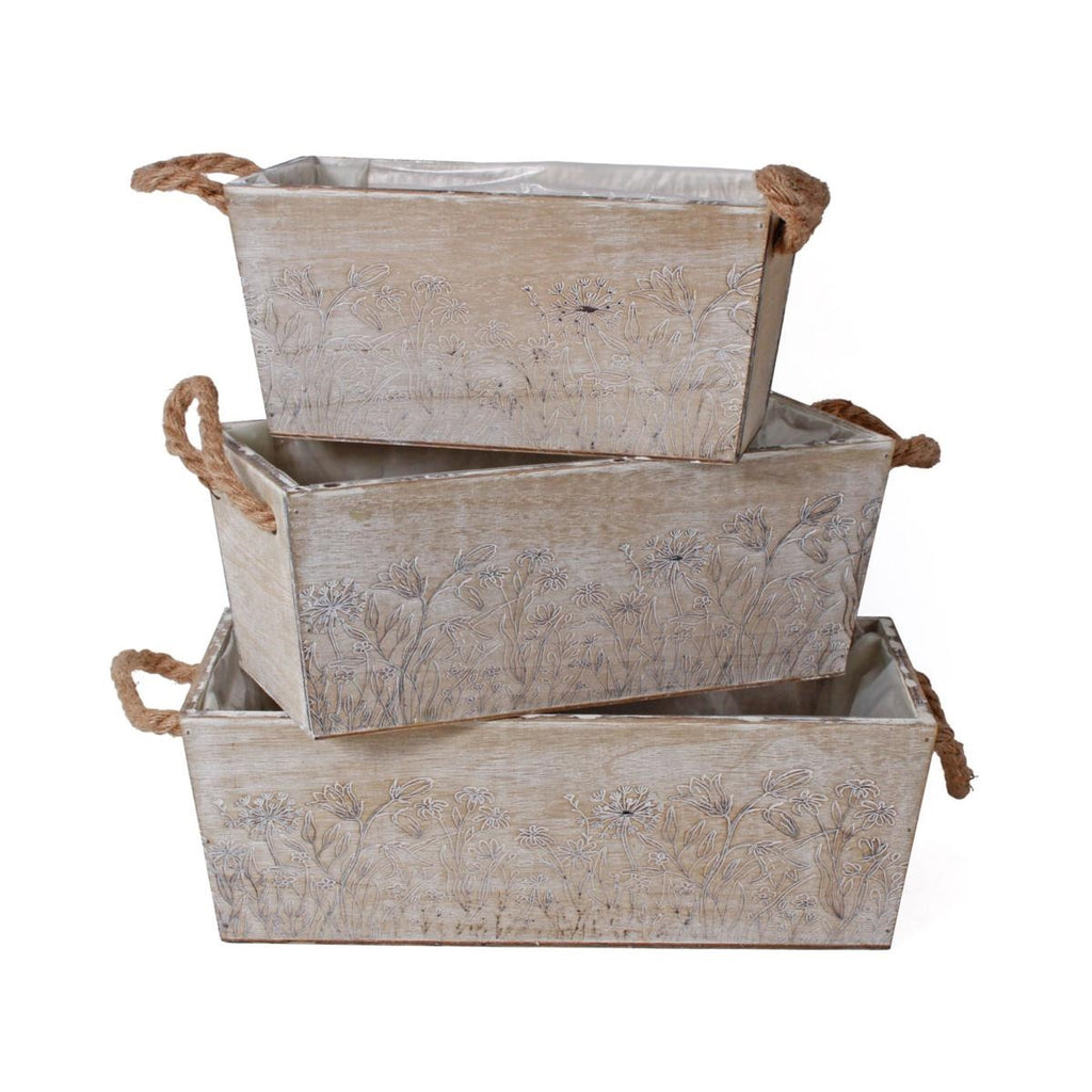 Cassette in legno di abete Fiori, set da 3, 35x18H12 cm
