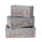 Cassette in abete grigio con renna, set di 3, 35x18x12 cm