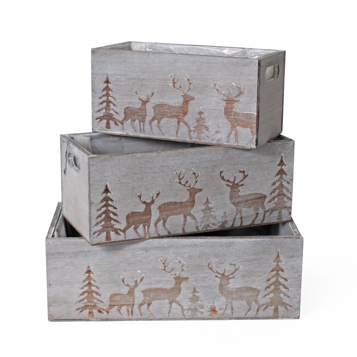 Cassette in abete grigio con renna, set di 3, 35x18x12 cm