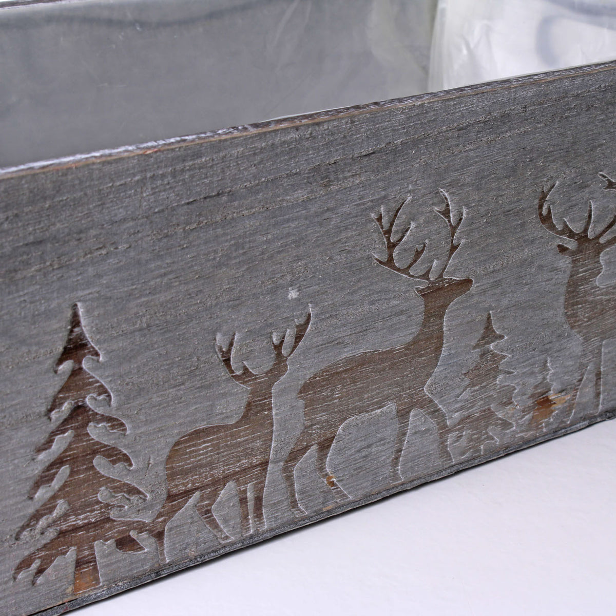 Cassette in abete grigio con renna, set di 3, 35x18x12 cm