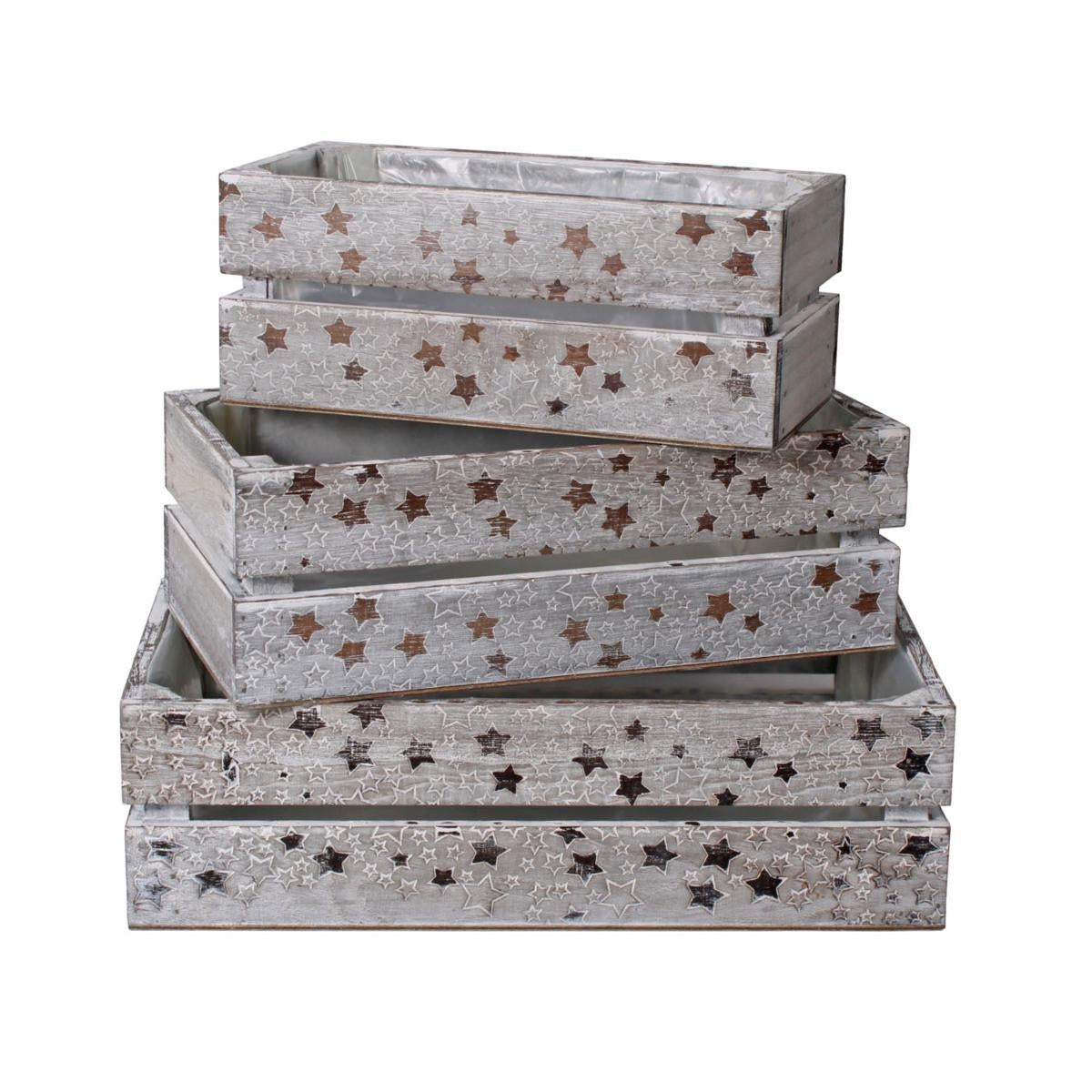 Cassetta in legno di abete "Stelle" 35X18H10 in set di tre