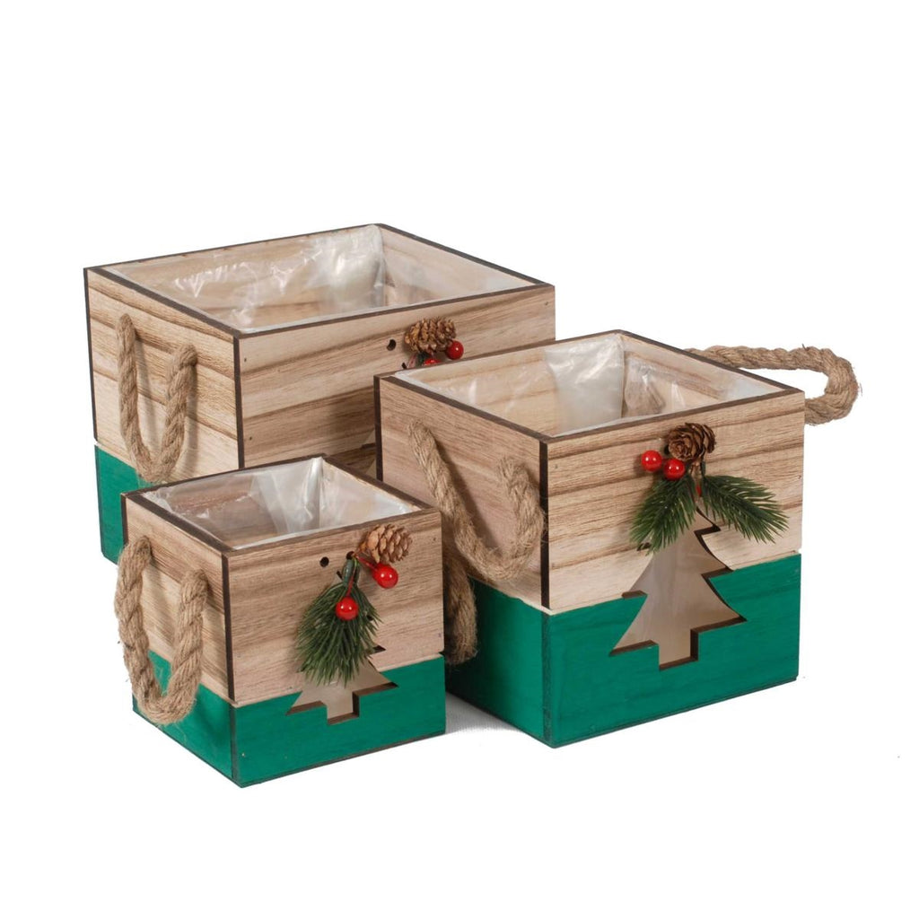 Cassetta natalizia verde, set di 3, 20x20H18 cm
