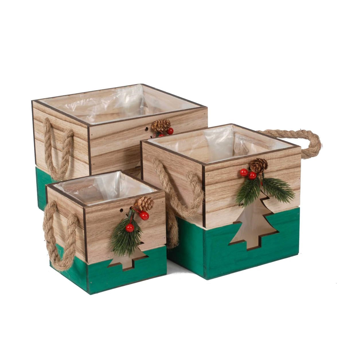 Cassetta natalizia verde, set di 3, 20x20H18 cm
