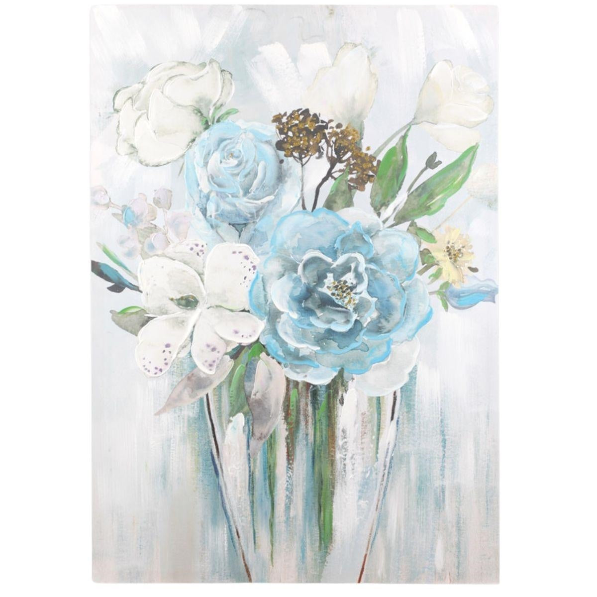 Dipinto su tela con fiori bianchi e blu, 70x100 cm